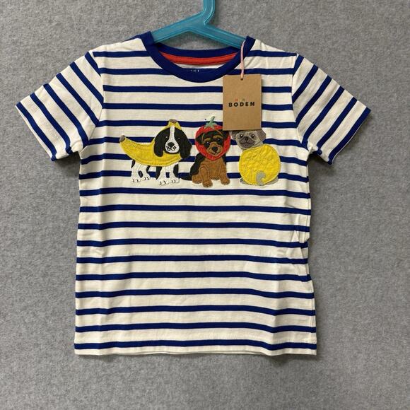 Mini Boden Boys Short Sleeve Puppy Fruit Appliqué Shirt Stripes Size 3 - 4 NWT - Picture 1 of 5